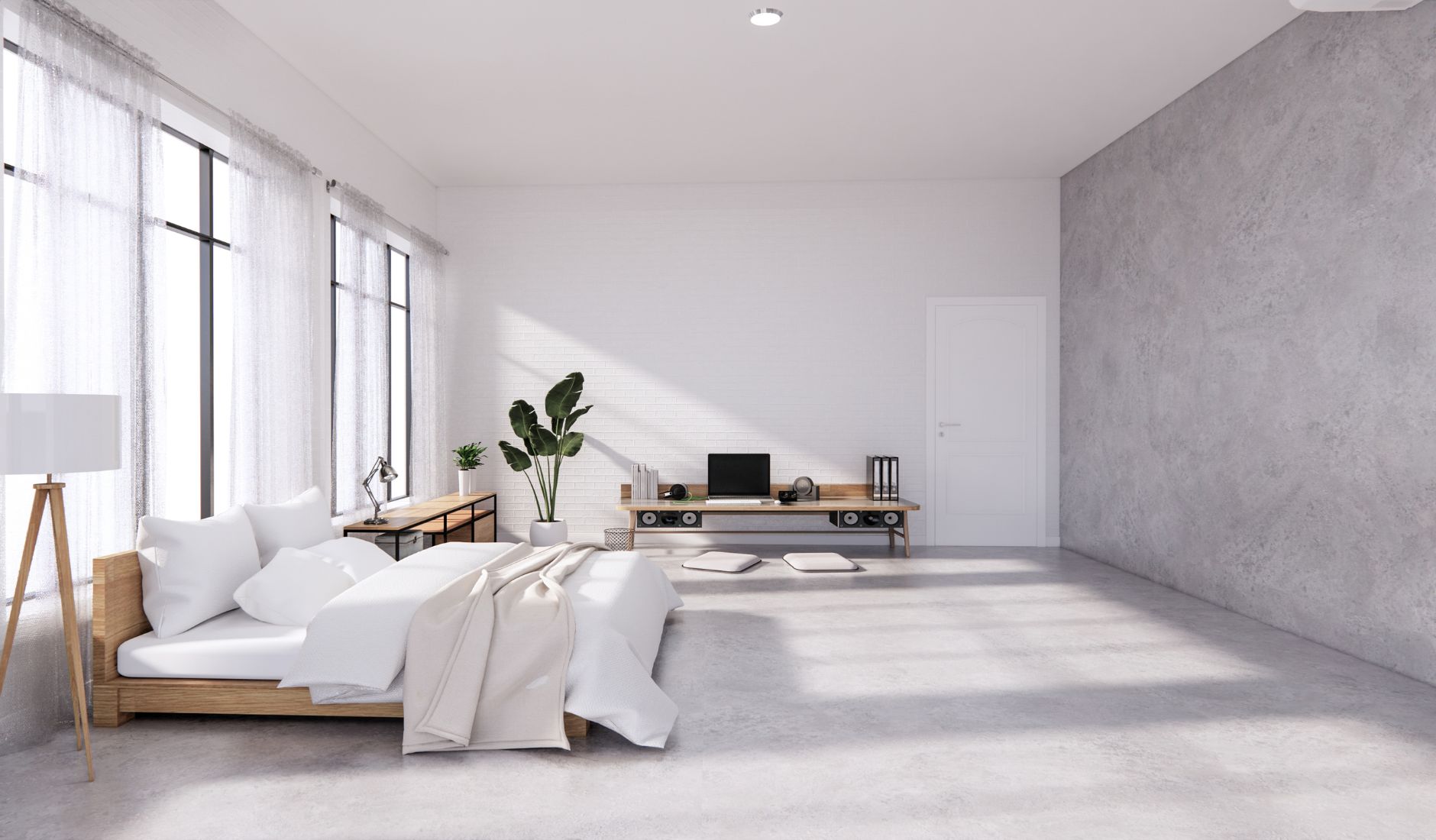 Fa franciaágy egy minimalista és tágas hálószobában.
